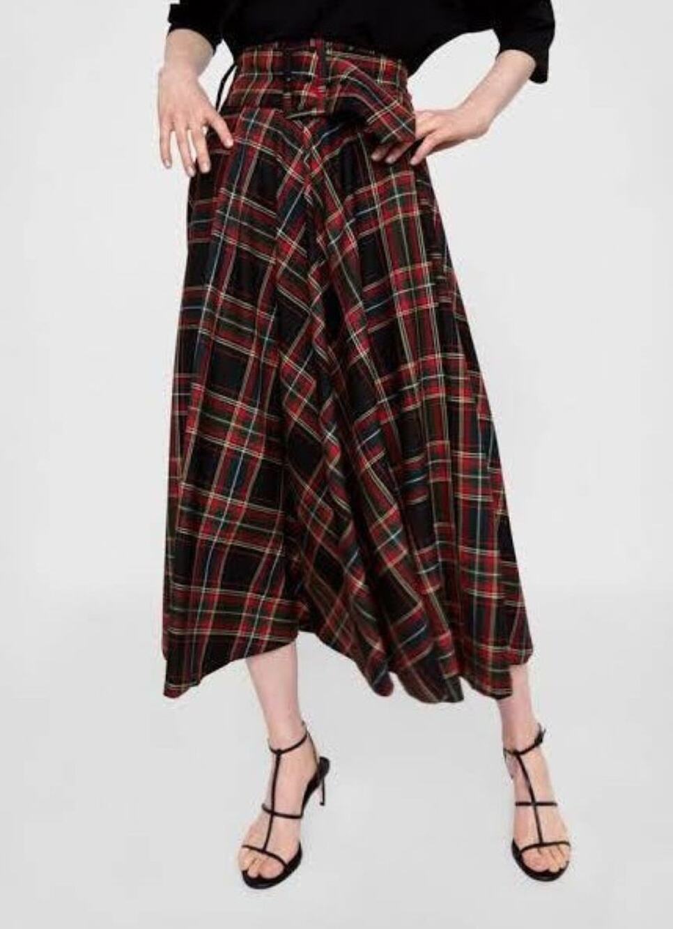 Zara Woman Plaid Tartan Midi Skirt Women XS Red Green Black Belted Flared A-Line